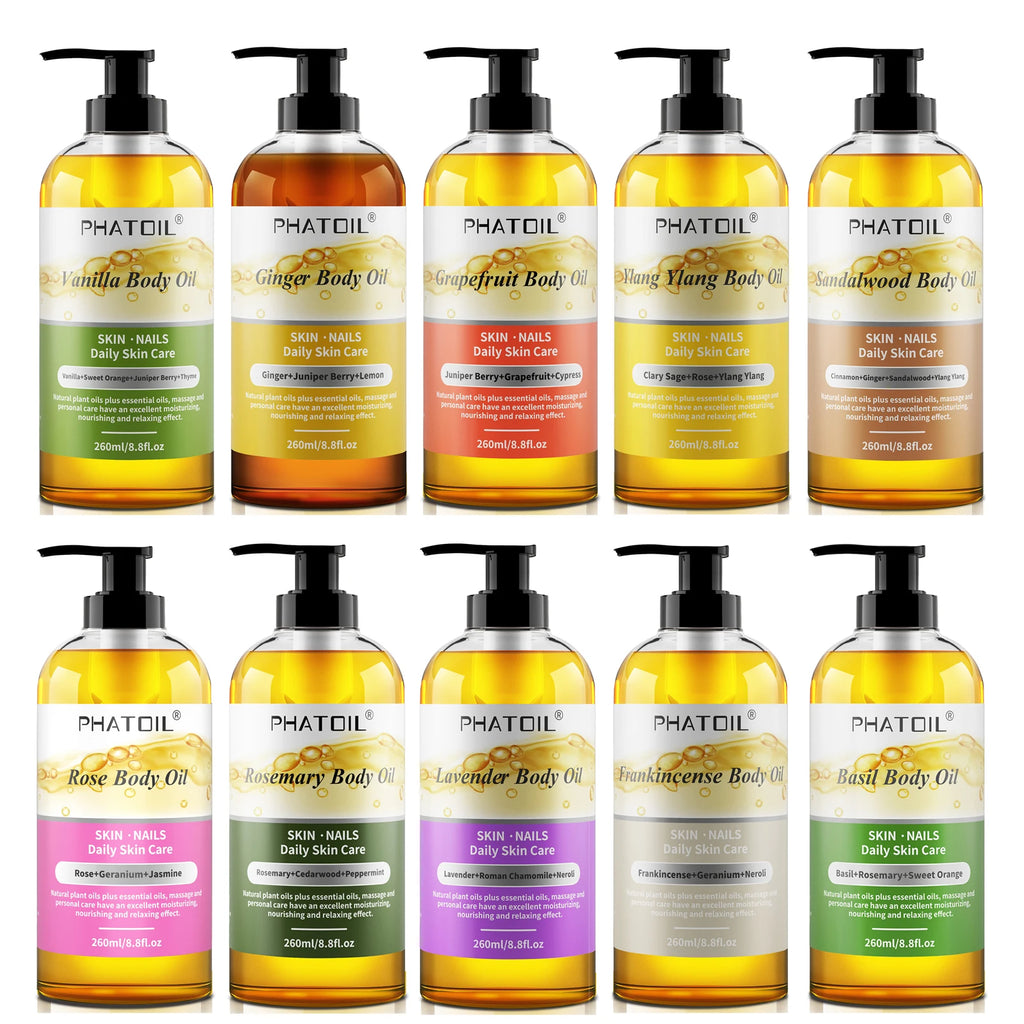 PHATOIL 260ml Body Oil For Moisturizing & Soothes Skin Ginger Grapefruit Rose Lavender Massage Body Oils Long-Lasting Fragrance