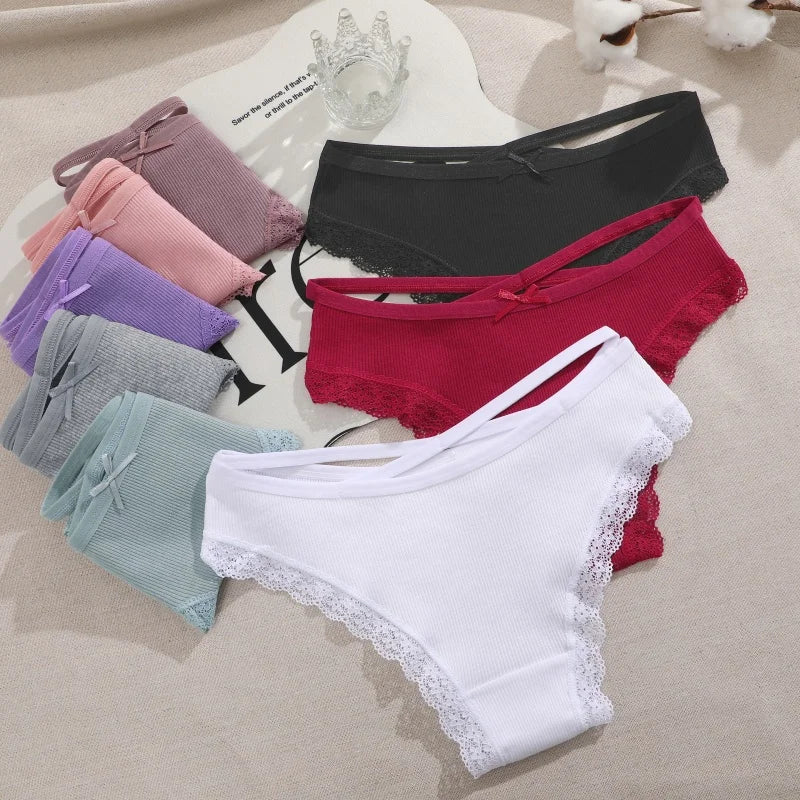 Women's Cotton Panties Low Waist Sexy Lace Brazilian Briefs Female Cross Webbing Underpants Hollow Out Soft Breathable Lingerie