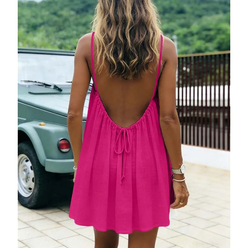 Women's Dress 2026 Summer Arrival Solid Color Fine Strap Flowing A-Line Skirt Casual Vacation Style with Elegant Backless Design