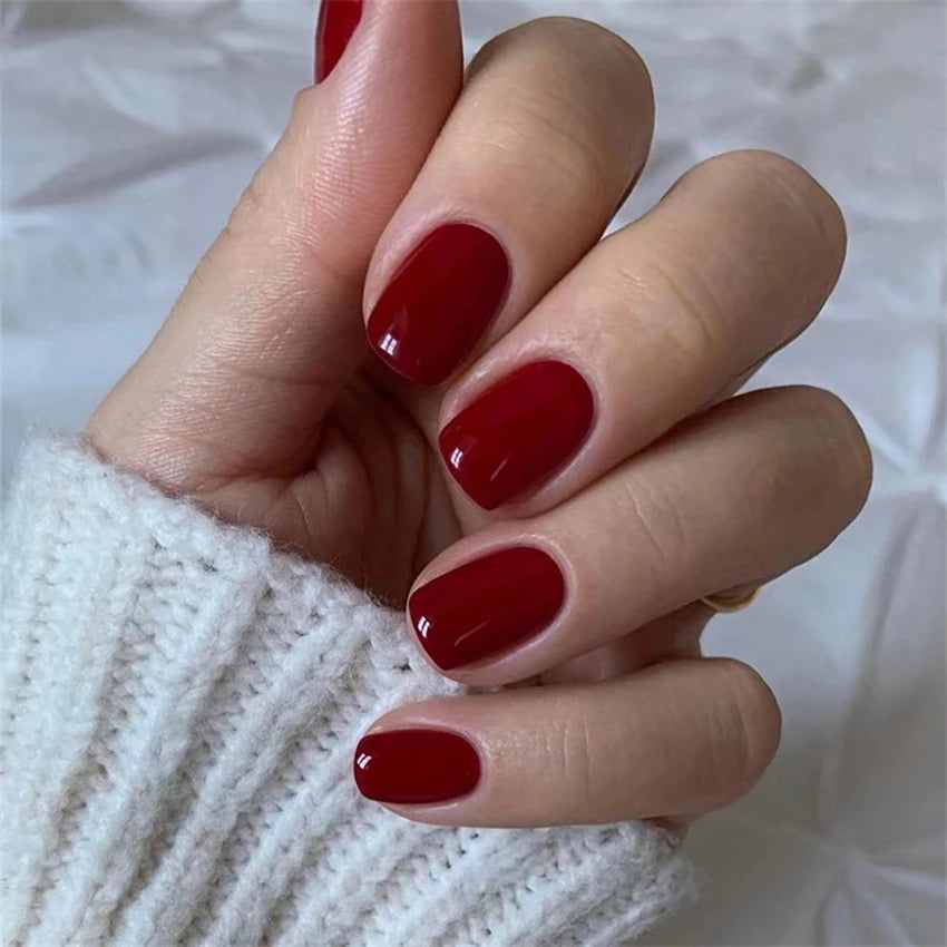 24 Pcs/set Artificial Acrylic Full Coverage Press on Nails Art Short French Fake Nails Red Glossy Removable False Nail Supplies