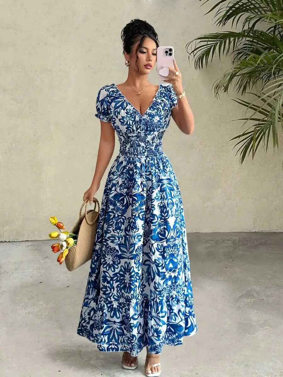 Women Elegant Charming Long Dress, New Lightweight Woven Floral Puff Sleeve Open Back Shirred Waist Slim Dress For Date Holiday