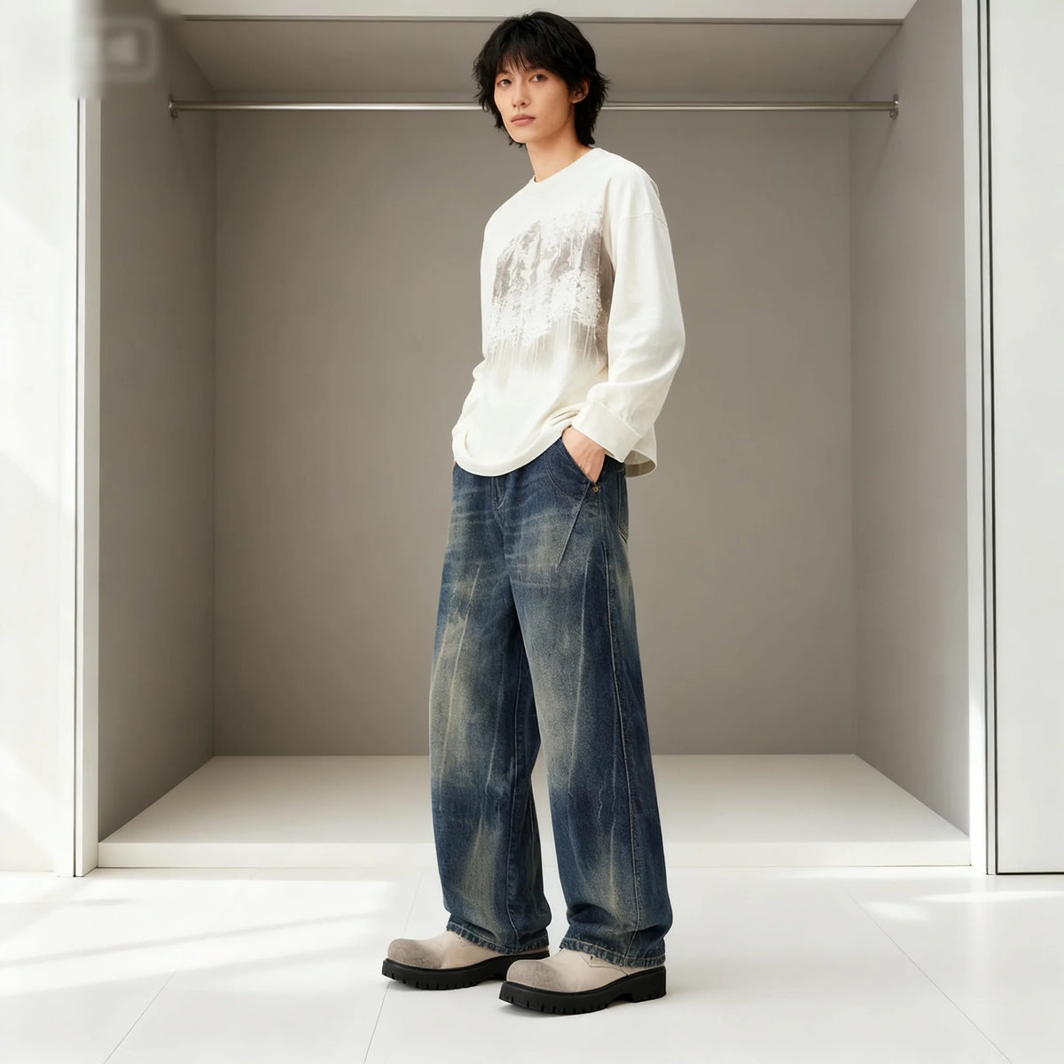 High end American fashion brand jeans for men, fashionable loose straight leg hanging feeling, casual versatile denim pants