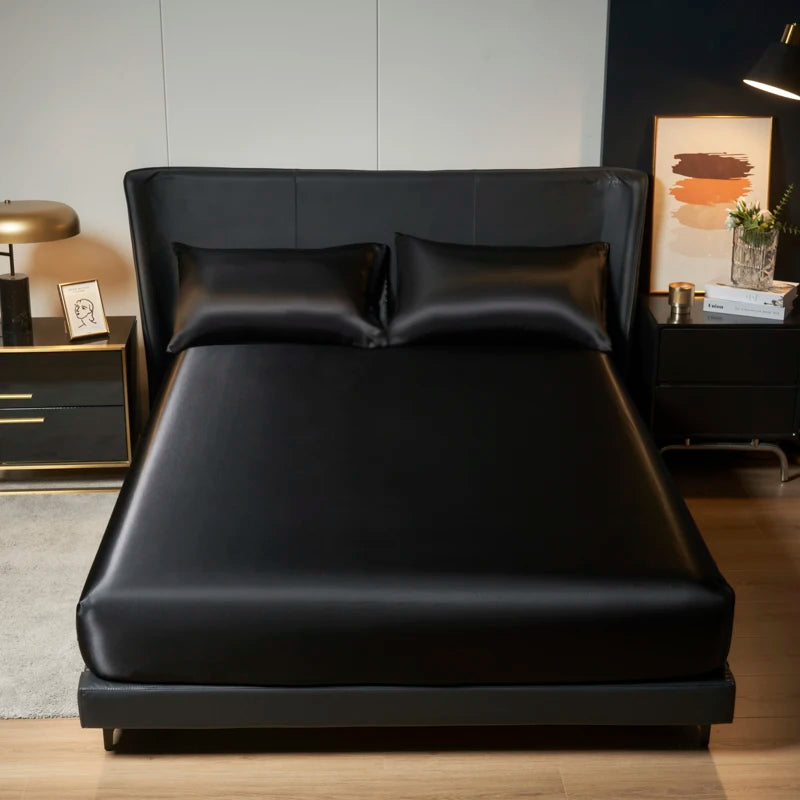 1/3Pc Satin Fitted Sheet Solid Colour Single Twin Full Queen King Ice Silk Mattress Cover Natural With Elastic Band Bed Sheet