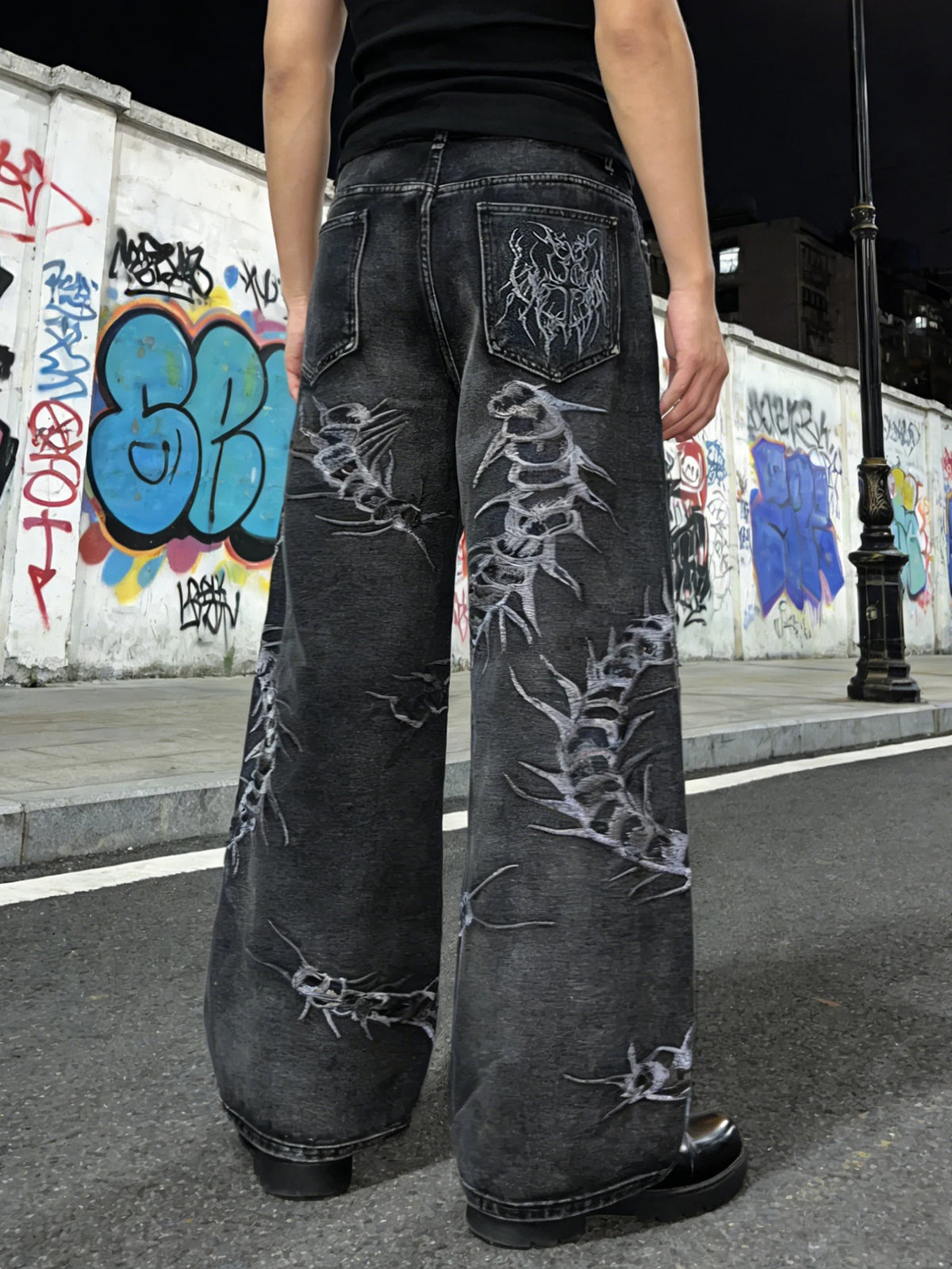 Men's Jeans, Loose Embroidered Denim Trousers, Street Hip-Hop Black Wide-Leg Pants for Daily Outings, Y2K Men's Pants
