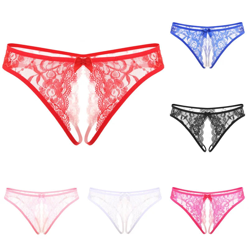 Hot Women's Panties Sexy Lingerie Open Crotch Panties Underwear Lady's Crotchless Thongs G-String With Bow Transparent Briefs