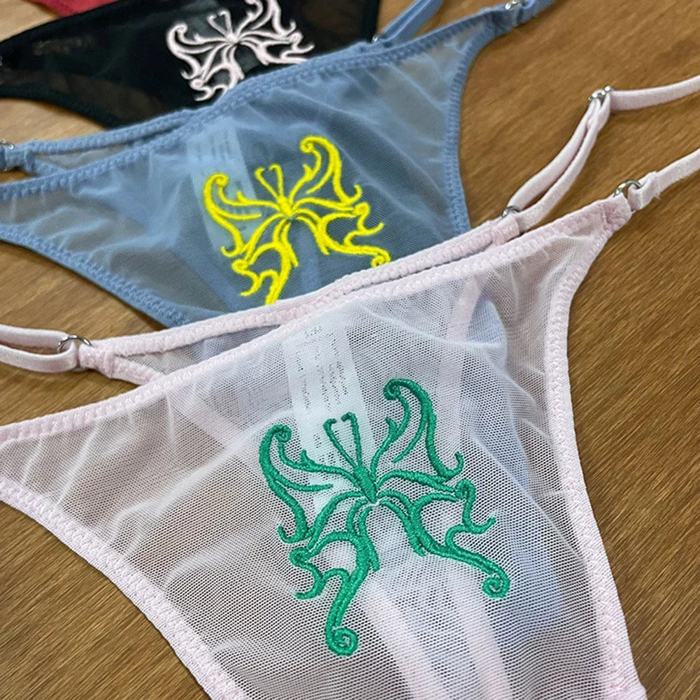 High Cut Panties Breathable Girls Embroidery Low Waist Intimates Ladies Bandage Thongs Lace Panties Women T-back Seamless Briefs