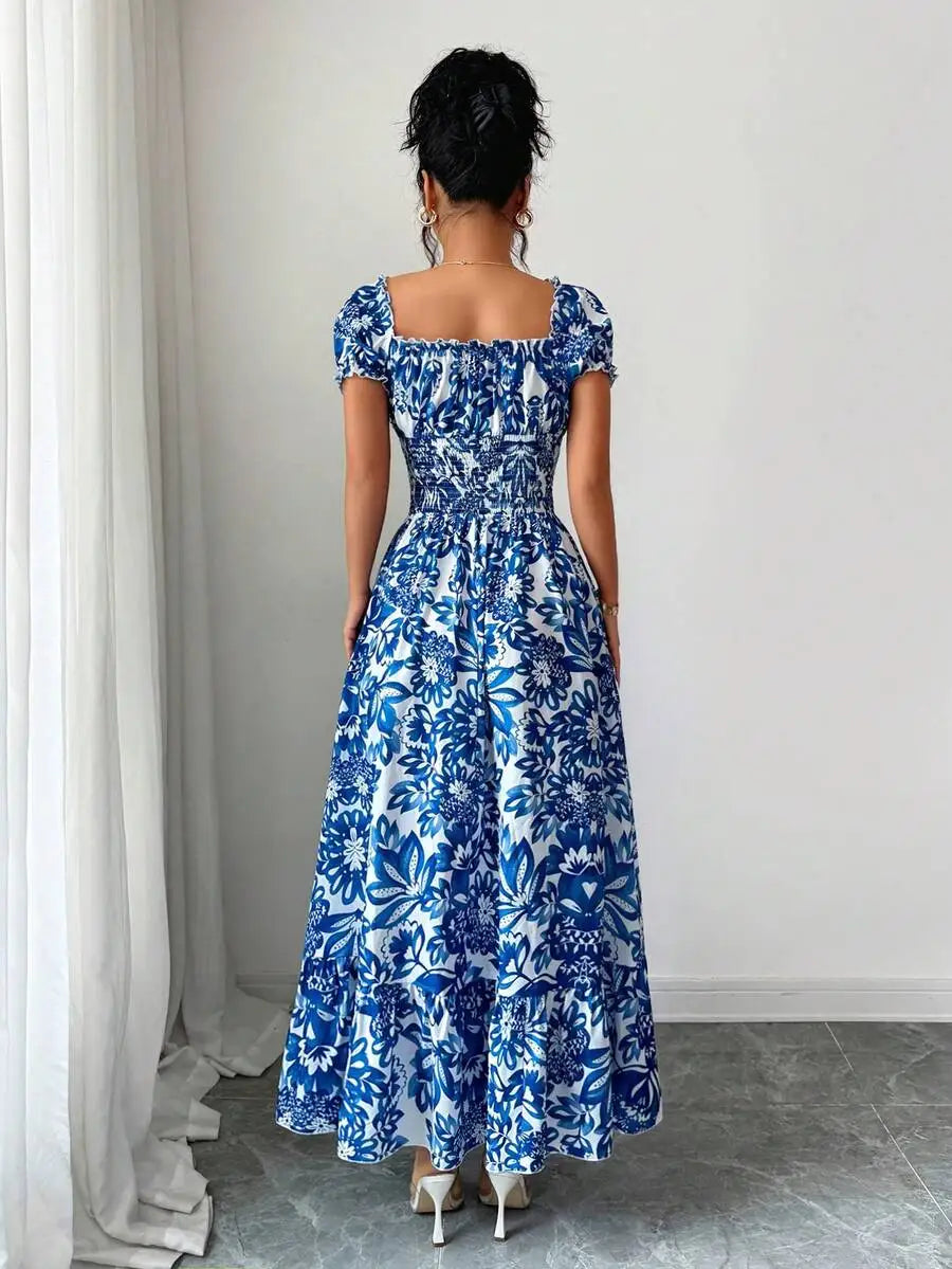 Women Elegant Charming Long Dress, New Lightweight Woven Floral Puff Sleeve Open Back Shirred Waist Slim Dress For Date Holiday
