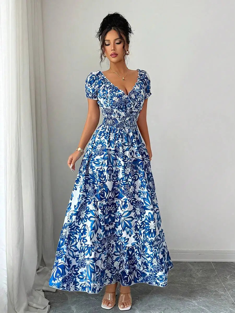 Women Elegant Charming Long Dress, New Lightweight Woven Floral Puff Sleeve Open Back Shirred Waist Slim Dress For Date Holiday