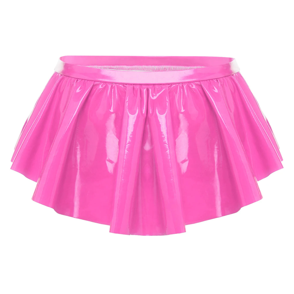 Women Irregular Ruffled Skirted Panties Wet Look PU Leather Micro Skirted Low Rise Glossy Underwear Nightwear for Raves Clubwear
