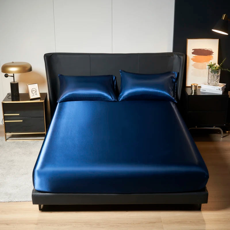 1/3Pc Satin Fitted Sheet Solid Colour Single Twin Full Queen King Ice Silk Mattress Cover Natural With Elastic Band Bed Sheet