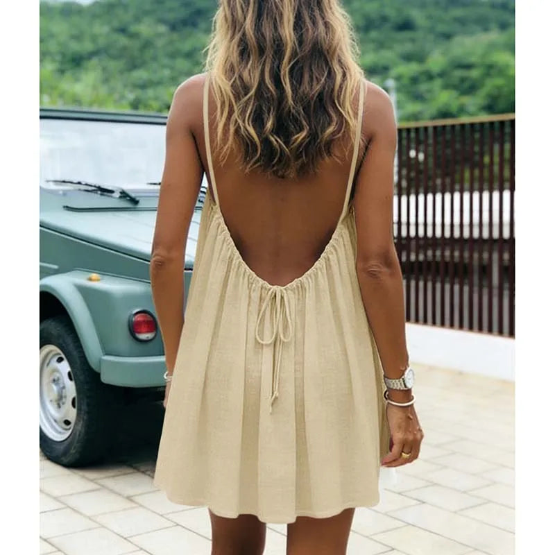 Women's Dress 2026 Summer Arrival Solid Color Fine Strap Flowing A-Line Skirt Casual Vacation Style with Elegant Backless Design