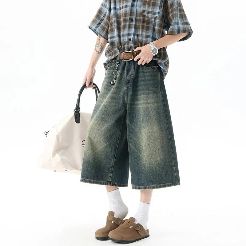 High-Waisted Wide-Leg Cropped Jeans for Men Casual Stretch Denim Capri Pants Comfort Fit Stylish Outfit 8XL Trendy Summer 2026