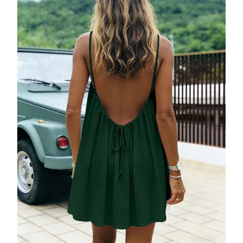 Women's Dress 2026 Summer Arrival Solid Color Fine Strap Flowing A-Line Skirt Casual Vacation Style with Elegant Backless Design