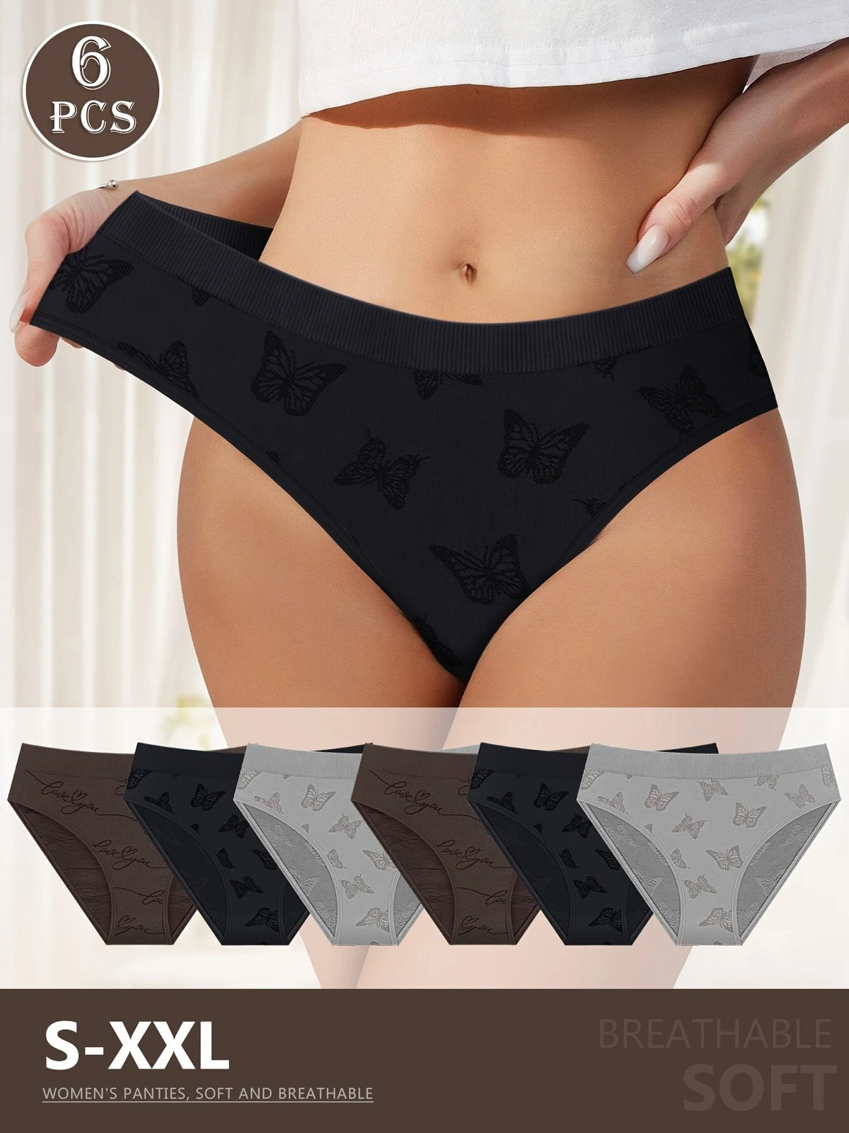 Set of 6 Women'S Low-Rise Panties Featuring a Stylish Butterfly Pattern, Romantically Paired, Made of 90% Nylon for