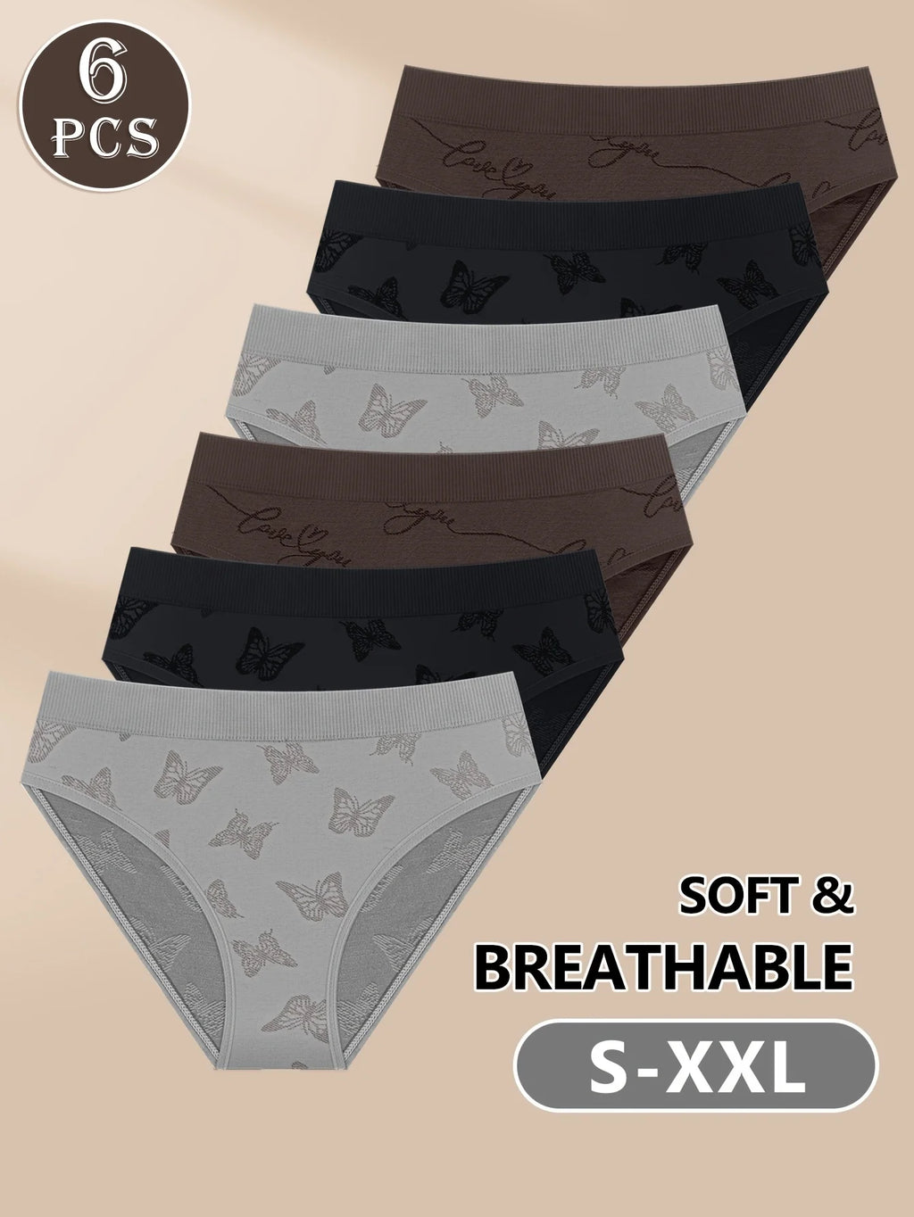 Set of 6 Women'S Low-Rise Panties Featuring a Stylish Butterfly Pattern, Romantically Paired, Made of 90% Nylon for
