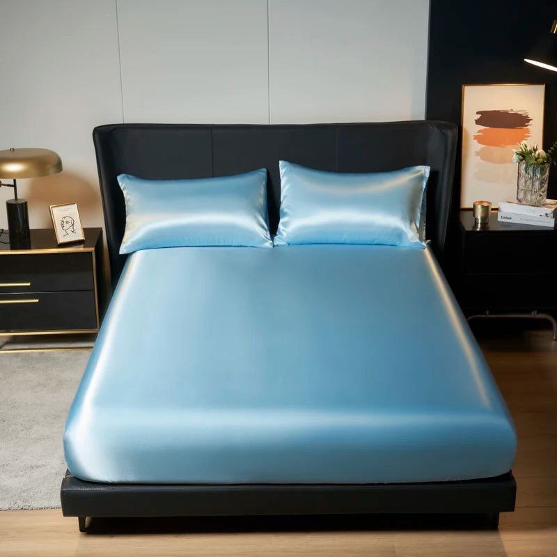 1/3Pc Satin Fitted Sheet Solid Colour Single Twin Full Queen King Ice Silk Mattress Cover Natural With Elastic Band Bed Sheet