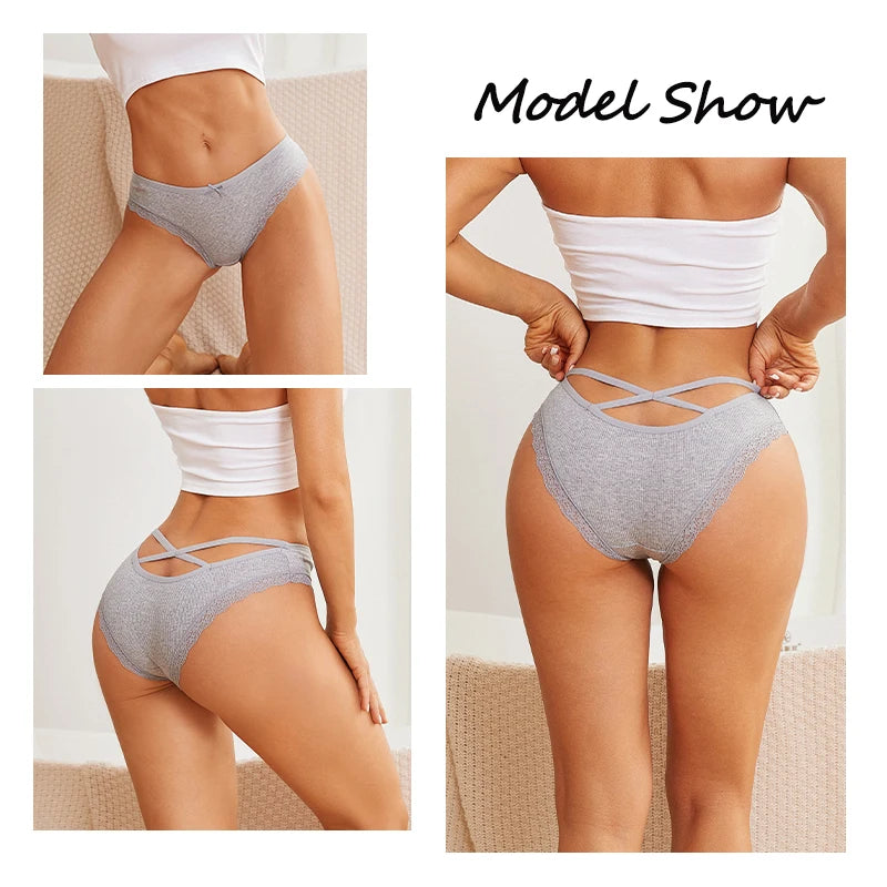 Women's Cotton Panties Low Waist Sexy Lace Brazilian Briefs Female Cross Webbing Underpants Hollow Out Soft Breathable Lingerie