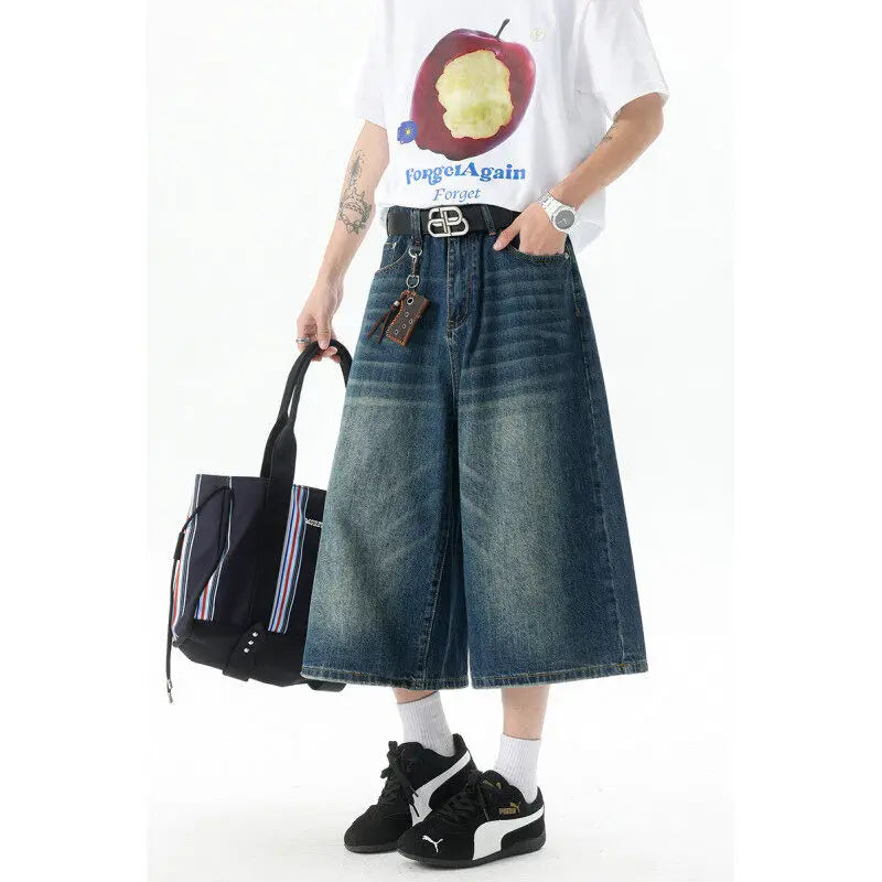 High-Waisted Wide-Leg Cropped Jeans for Men Casual Stretch Denim Capri Pants Comfort Fit Stylish Outfit 8XL Trendy Summer 2026