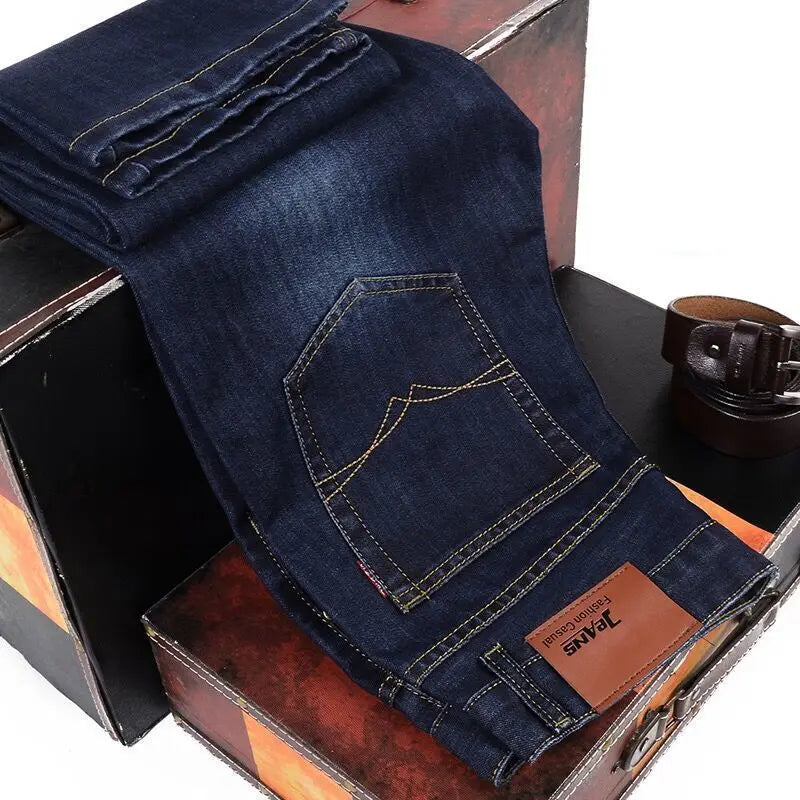 Men Fashion Straight Jeans Men 2025 New Stretch Slim Fit Pants Comfortable Soft Business Denim Trousers Male Brand Clothing