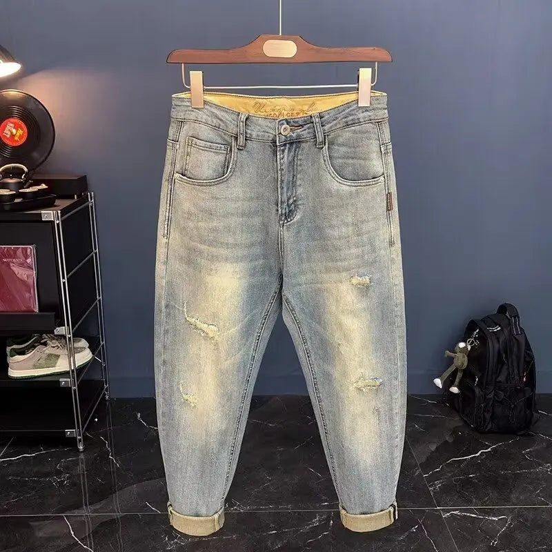 jeans for Man 2025 Spring Autumn Small Ripped Jeans Men's Vintage Pants Trendy Brand Harlan Men Clothes Streetwear Clothing
