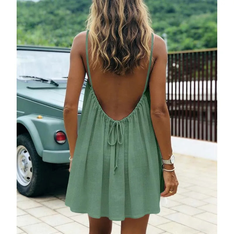 Women's Dress 2026 Summer Arrival Solid Color Fine Strap Flowing A-Line Skirt Casual Vacation Style with Elegant Backless Design