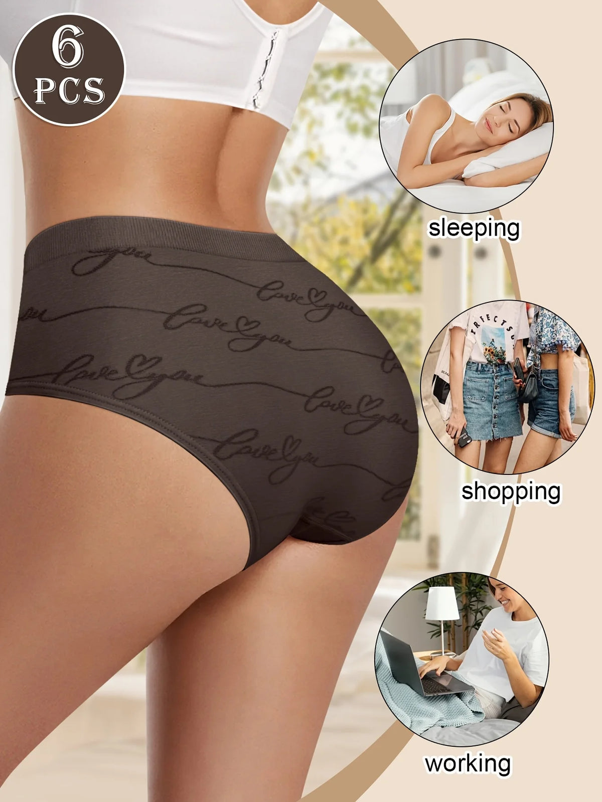 Set of 6 Women'S Low-Rise Panties Featuring a Stylish Butterfly Pattern, Romantically Paired, Made of 90% Nylon for