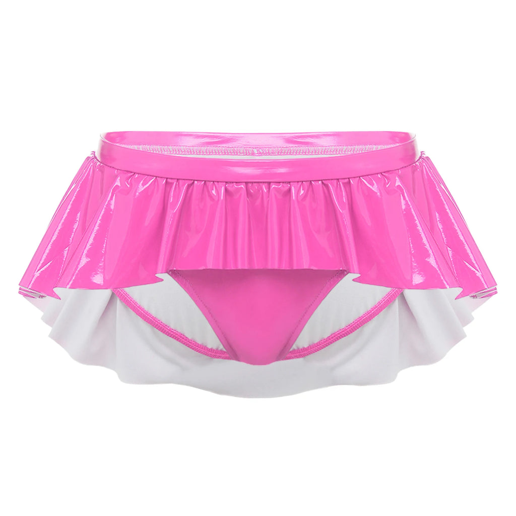 Women Irregular Ruffled Skirted Panties Wet Look PU Leather Micro Skirted Low Rise Glossy Underwear Nightwear for Raves Clubwear