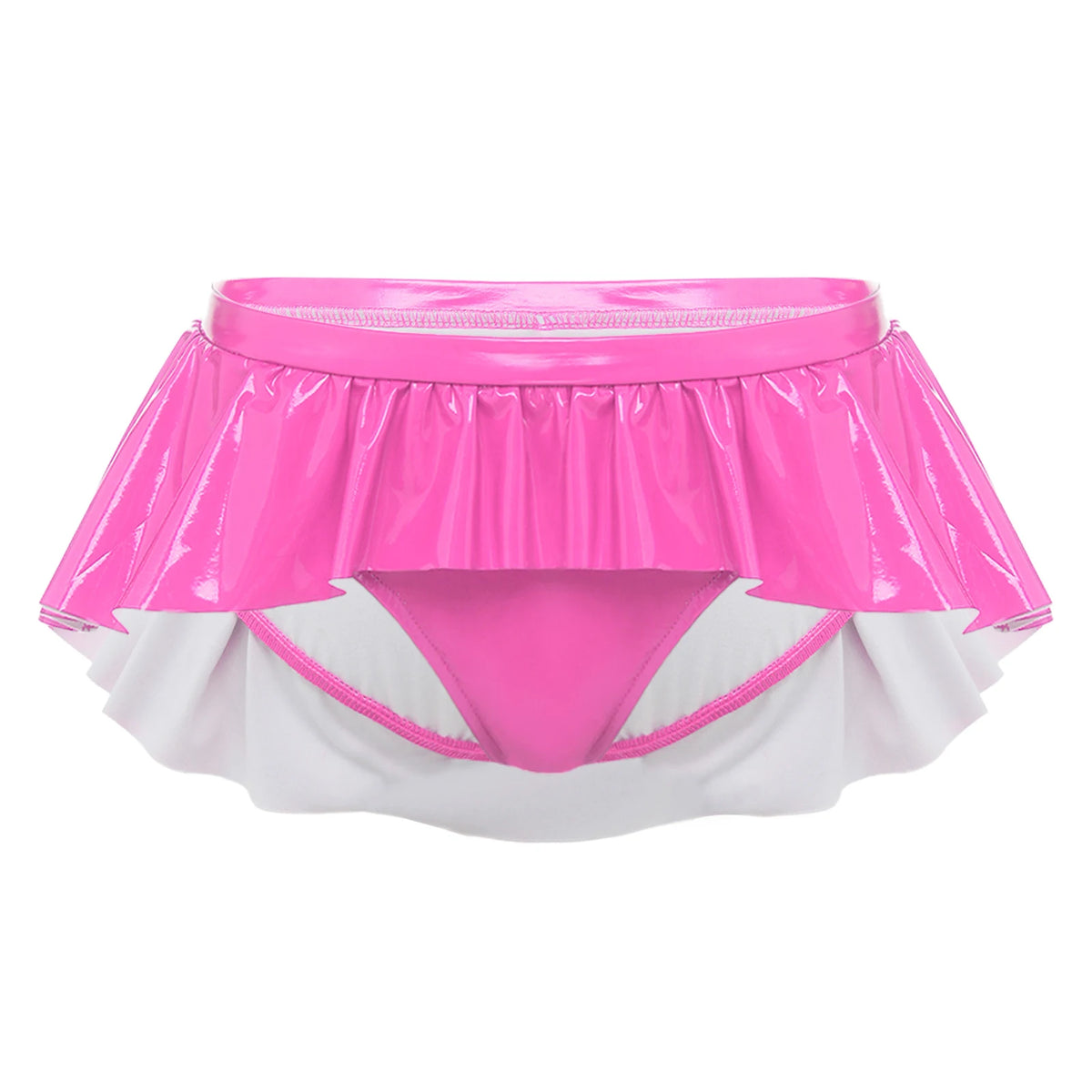 Women Irregular Ruffled Skirted Panties Wet Look PU Leather Micro Skirted Low Rise Glossy Underwear Nightwear for Raves Clubwear