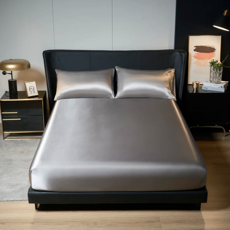 1/3Pc Satin Fitted Sheet Solid Colour Single Twin Full Queen King Ice Silk Mattress Cover Natural With Elastic Band Bed Sheet