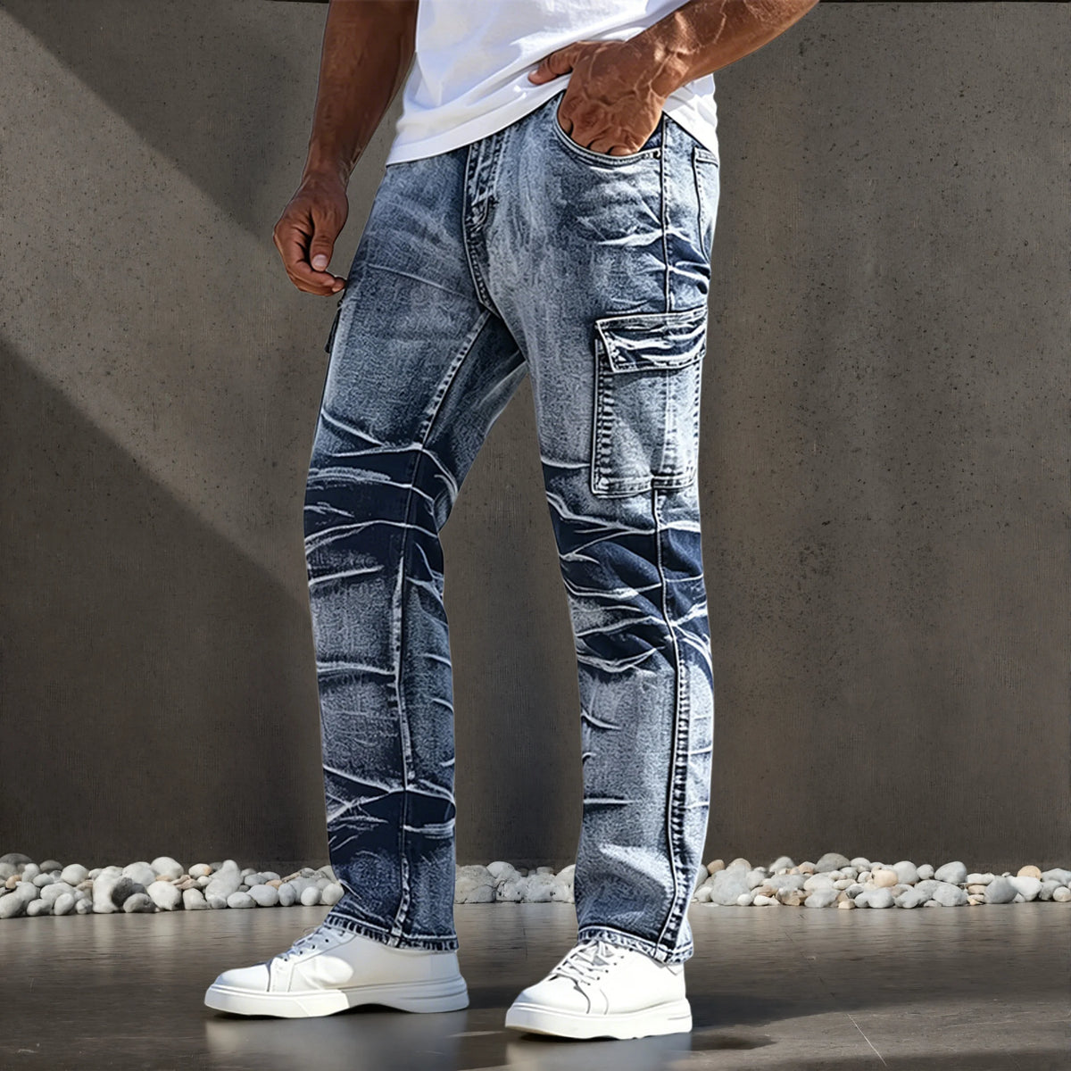 Men's Jeans, American Casual Style, Multi-Pocket Design, Simple and Versatile Straight-Leg Trousers, Suitable for All Seasons