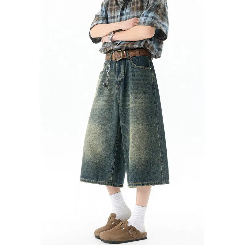 High-Waisted Wide-Leg Cropped Jeans for Men Casual Stretch Denim Capri Pants Comfort Fit Stylish Outfit 8XL Trendy Summer 2026