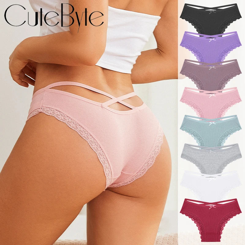 Women's Cotton Panties Low Waist Sexy Lace Brazilian Briefs Female Cross Webbing Underpants Hollow Out Soft Breathable Lingerie