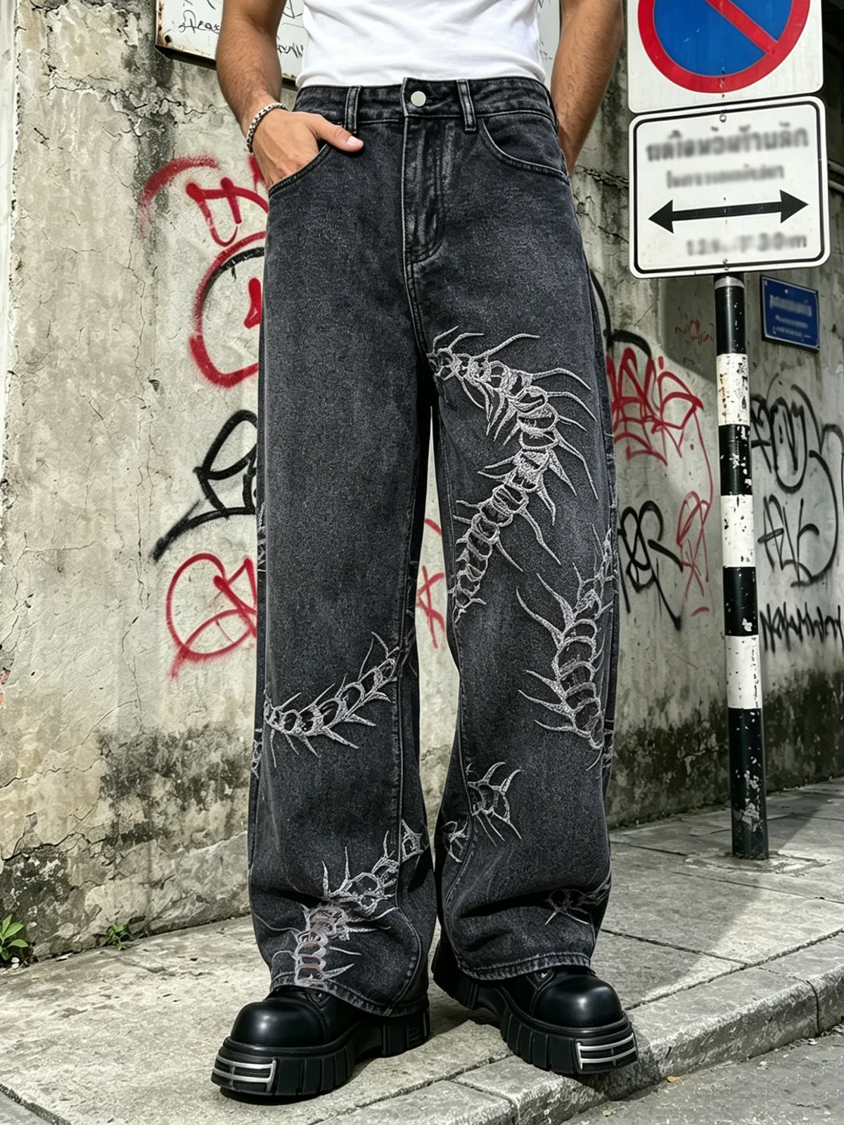 Men's Jeans, Loose Embroidered Denim Trousers, Street Hip-Hop Black Wide-Leg Pants for Daily Outings, Y2K Men's Pants