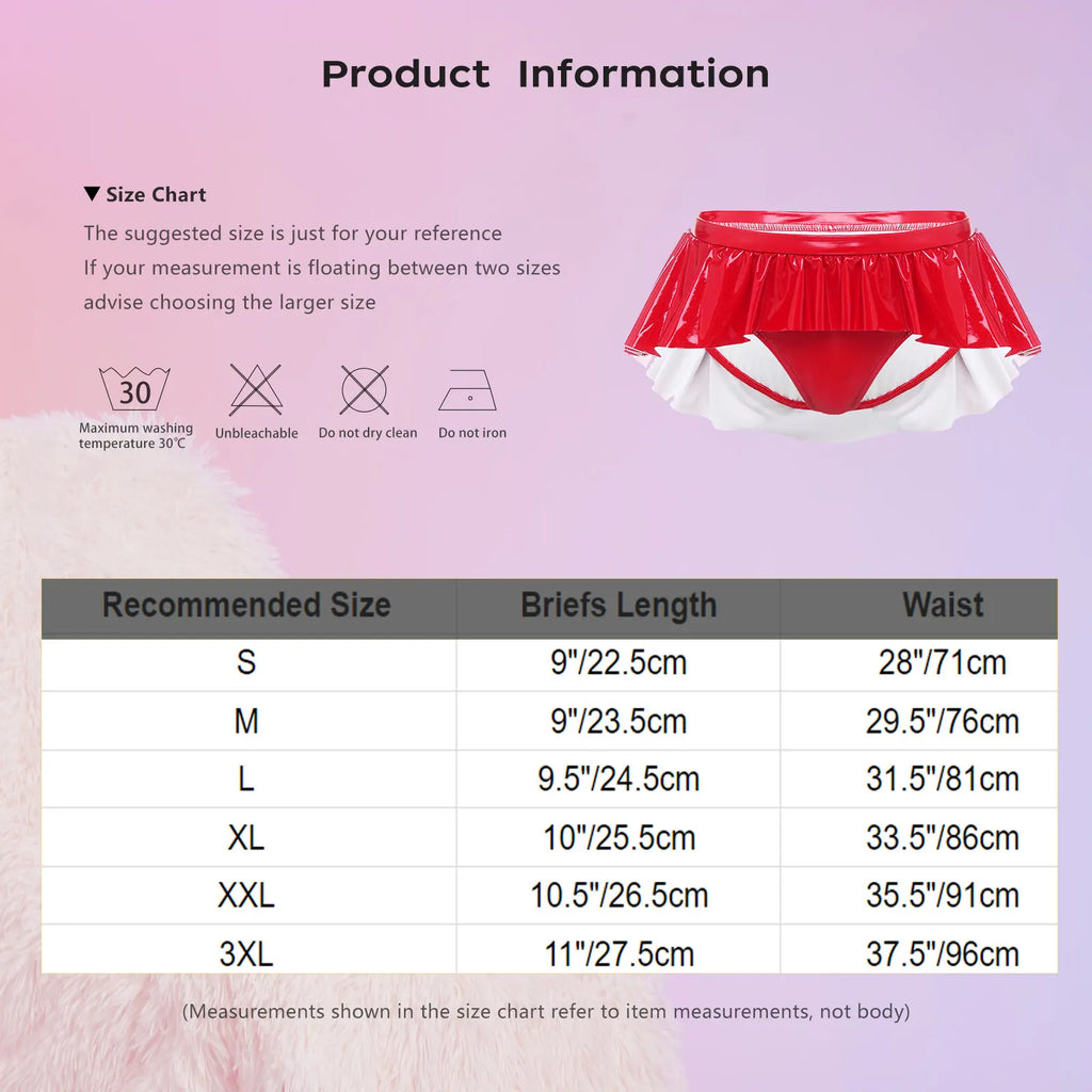 Women Irregular Ruffled Skirted Panties Wet Look PU Leather Micro Skirted Low Rise Glossy Underwear Nightwear for Raves Clubwear