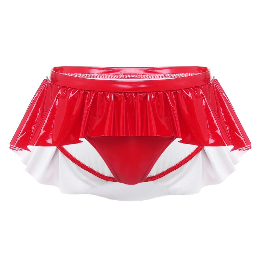 Womens Wet Look PU Leather Micro Panties Low Rise Irregular Ruffled Skirted Panties Glossy Underwear Nightwear  Raves Costume