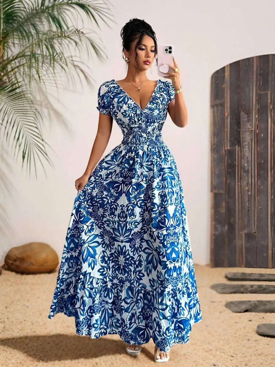 Women Elegant Charming Long Dress, New Lightweight Woven Floral Puff Sleeve Open Back Shirred Waist Slim Dress For Date Holiday