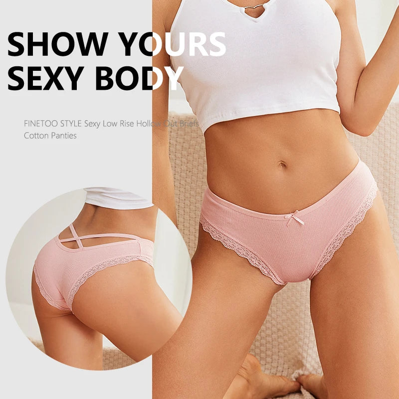 Women's Cotton Panties Low Waist Sexy Lace Brazilian Briefs Female Cross Webbing Underpants Hollow Out Soft Breathable Lingerie