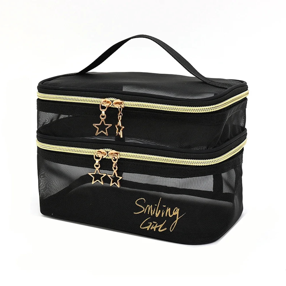 Women Travel Cosmetic Bag Large Capacity Black Mesh Makeup Case Organizer Storage Pouch Casual Zipper Toiletry Make Up Wash Bags