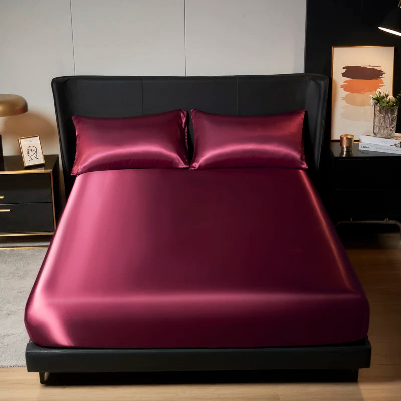 1/3Pc Satin Fitted Sheet Solid Colour Single Twin Full Queen King Ice Silk Mattress Cover Natural With Elastic Band Bed Sheet
