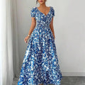 Women Elegant Charming Long Dress, New Lightweight Woven Floral Puff Sleeve Open Back Shirred Waist Slim Dress For Date Holiday
