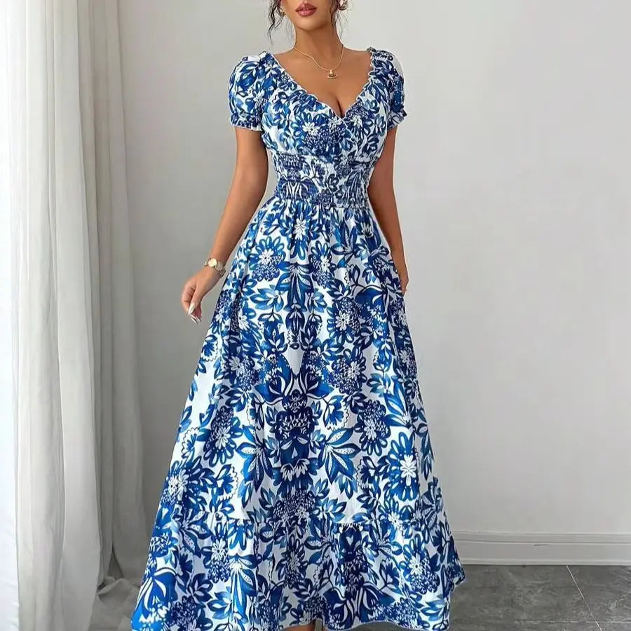 Women Elegant Charming Long Dress, New Lightweight Woven Floral Puff Sleeve Open Back Shirred Waist Slim Dress For Date Holiday