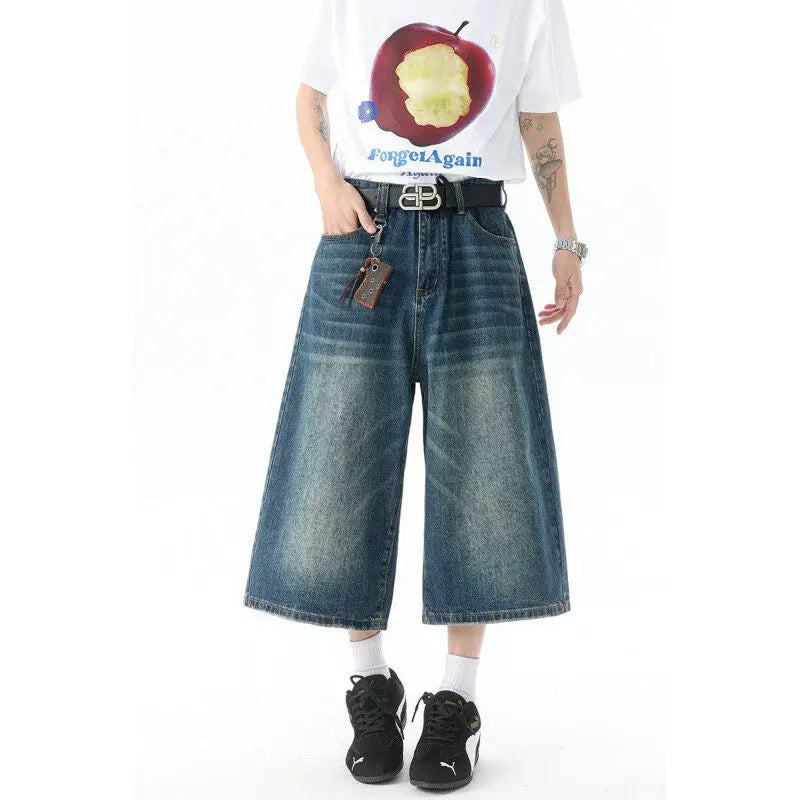 High-Waisted Wide-Leg Cropped Jeans for Men Casual Stretch Denim Capri Pants Comfort Fit Stylish Outfit 8XL Trendy Summer 2026